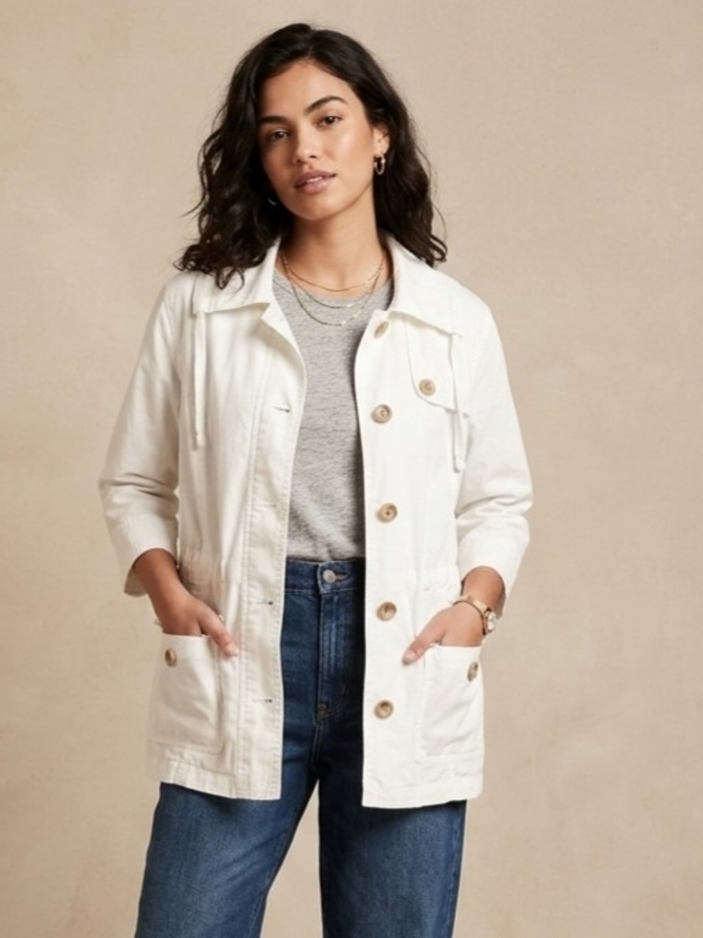 Eddie Bauer Off-White Utility Jacket with Button Front Size Large